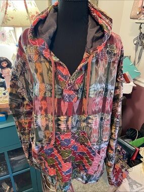 Bohemian/ Baja Multicolored Hooded Pullover Jacket Earthy woven textile Y 2K